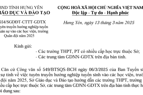 Số: 554/SGDĐT-CTTT-GDTX V/v tuyên truyền hướng nghiệp tuyển sinh quân sự vào các học viện, trường Quân đội năm 2025