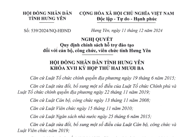 NGHỊ QUYẾT Quy định chính sách hỗ trợ đào tạo đối với cán bộ, công chức viên chức tỉnh Hưng Yên