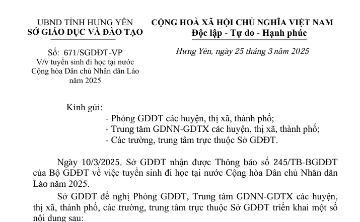 Số: 671/SGDĐT-VP V/v tuyển sinh đi học tại nước Cộng hòa Dân chủ Nhân dân Lào năm 2025