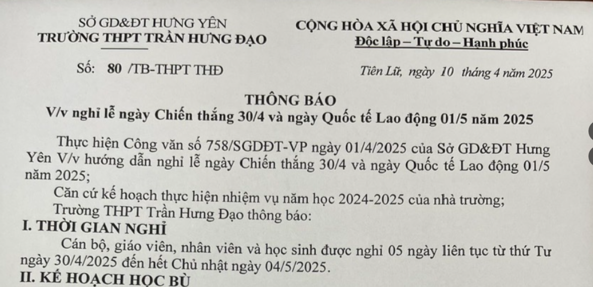 Thông báo V/v Nghỉ lễ ngày Chiến thắng 30/4 và ngày Quốc tế Lao động 01/5 năm 2025