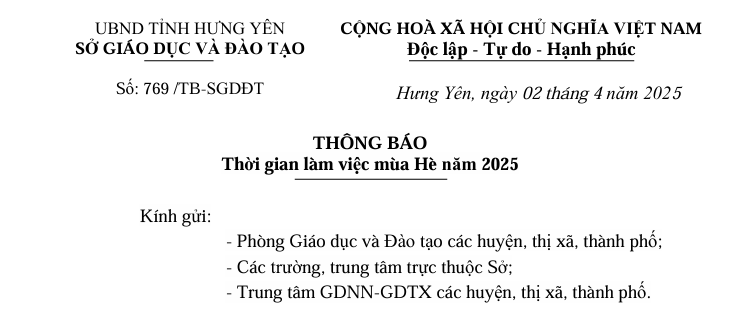 Thông báo Thời gian làm việc mùa Hè năm 2025