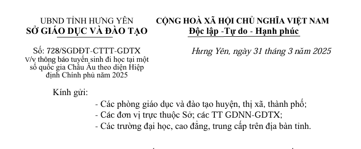 Số: 728/SGDĐT-CTTT-GDTX V/v thông báo tuyển sinh đi học tại một số quốc gia Châu Âu theo diện Hiệp định Chính phủ năm 2025