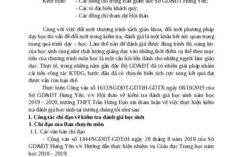 THAM LUẬN Về công tác kiểm tra đánh giá học sinh trong trường THPT năm học 2019 – 2020