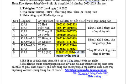 Thông báo V/v tập trung khối 10 (Thứ 4 ngày 2/8/2023)