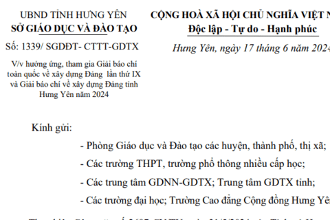 Số: 1339/ SGDĐT- CTTT-GDTX V/v hưởng ứng, tham gia Giải báo chí toàn quốc về xây dựng Đảng lần thứ IX và Giải báo chí về xây dựng Đảng tỉnh Hưng Yên năm 2024