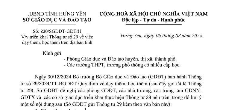 CV Số: 230/SGDĐT-GDTrH V/v triển khai Thông tư số 29 về việc dạy thêm, học thêm trên địa bàn tỉnh