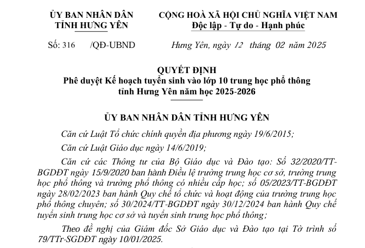 CV Số: 316/QĐ-UBND QUYẾT ĐỊNH Phê duyệt Kế hoạch tuyển sinh vào lớp 10 trung học phổ thông tỉnh Hưng Yên năm học 2025-2026