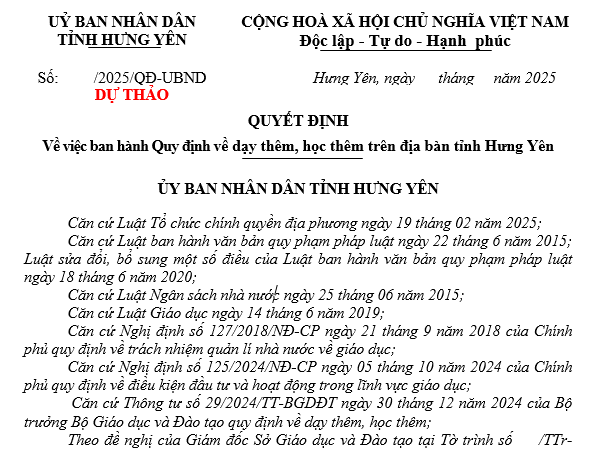 DỰ THẢO QUYẾT ĐỊNH Về việc ban hành Quy định về dạy thêm, học thêm trên địa bàn tỉnh Hưng Yên