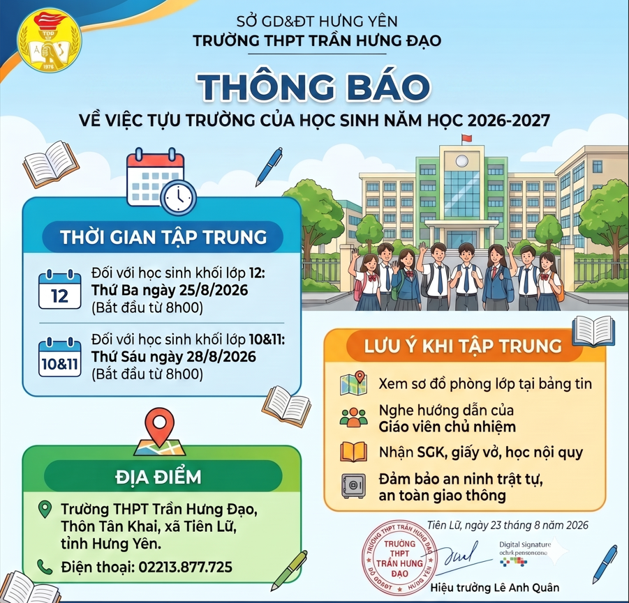<a href='https://thpttranhungdao.hungyen.edu.vn/tin-tuc/thong-bao-ve-viec-tuu-truong-cua-hoc-sinh-nam-hoc-2026-2027.html'>Thông báo về việc tựu trường của học sinh năm học 2026 - 2027</a>