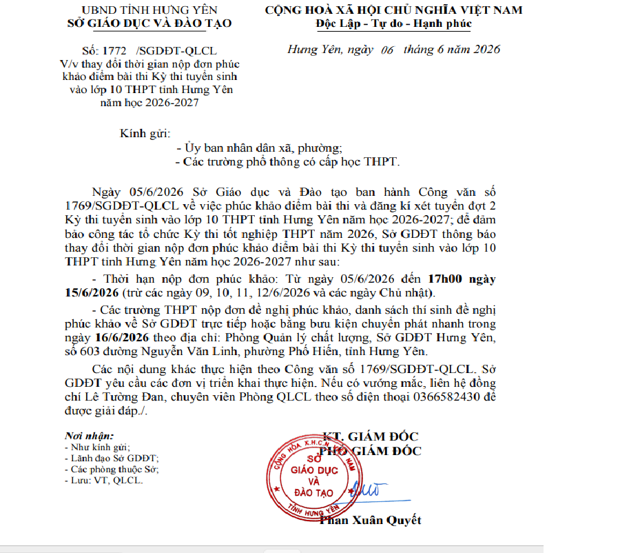 Cv số 1772/SGDĐT-QLCL về việc thay đổi thời gian nộp đơn phục khảo điểm bài thi Kỳ thi tuyển sinh vào lớp 10 THPT tỉnh Hưng Yên năm học 2026 -2027
