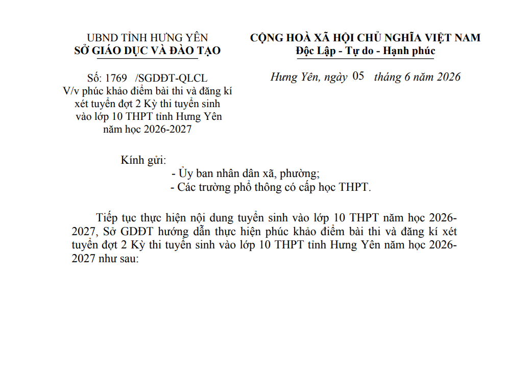 CV số 1769/SGDĐT-QLCL V/v phúc khảo điểm bài thi và đăng kí xét tuyển đợt 2 Kỳ thi tuyển sinh vào lớp 10 THPT tỉnh Hưng Yên năm học 2026-2027