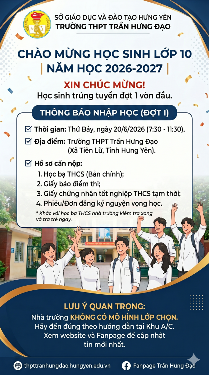 THÔNG BÁO V/v tổ chức nhập học của học sinh trúng tuyển vào lớp 10- Đợt I Năm học 2026-2027
