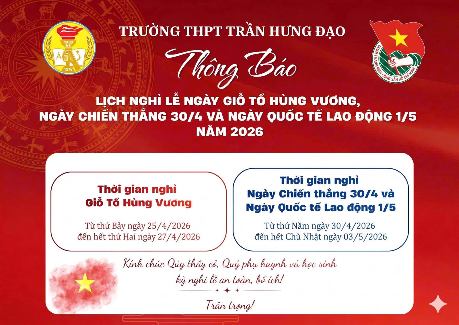 THÔNG BÁO V/v nghỉ lễ ngày Giỗ Tổ Hùng Vương, ngày Chiến thắng và ngày Quốc tế lao động năm 2026