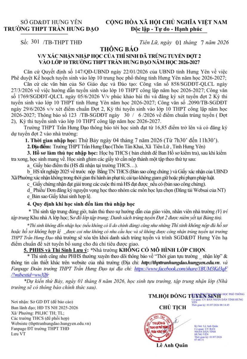 <a href='https://thpttranhungdao.hungyen.edu.vn/tin-tuc/thong-bao-vv-xac-nhan-nhap-hoc-cua-thi-sinh-da-trung-tuyen-dot-2-vao-lop-10-truong-thpt-tran-hung-dao-nawmhocj-2026-2027.html'>Thông báo V/v xác nhận nhập học của thí sinh đã trúng tuyển đợt 2 vào lớp 10 trường THPT Trần Hưng Đạo nawmhocj 2026 - 2027</a>